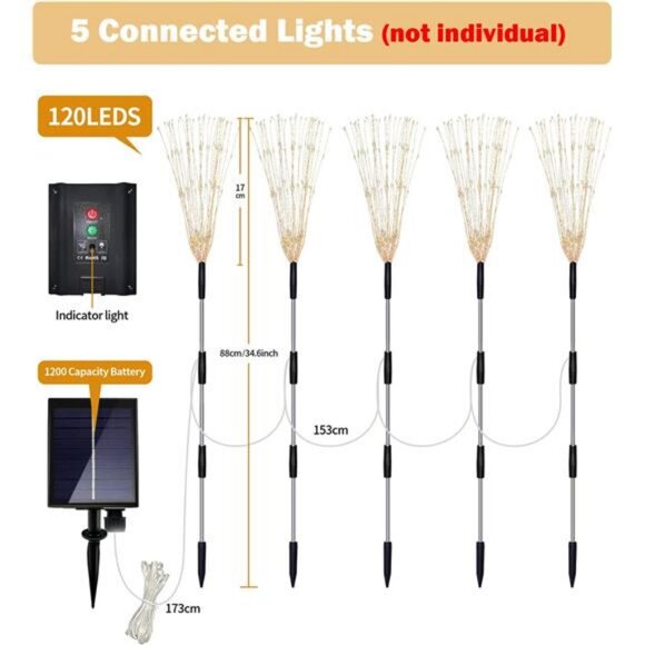 5 Pack Solar Garden Lights, Firework Outdoor Waterproof 120 LED 8 Modes - Picture 6 of 7
